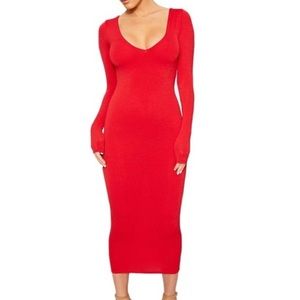 Naked wardrobe red v neck long sleeve midi dress